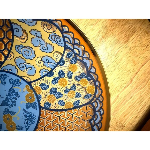 Large Glass Serving Plate w/ Blue Butterflies & Orange Flowers Asian Inspired - Picture 6 of 8